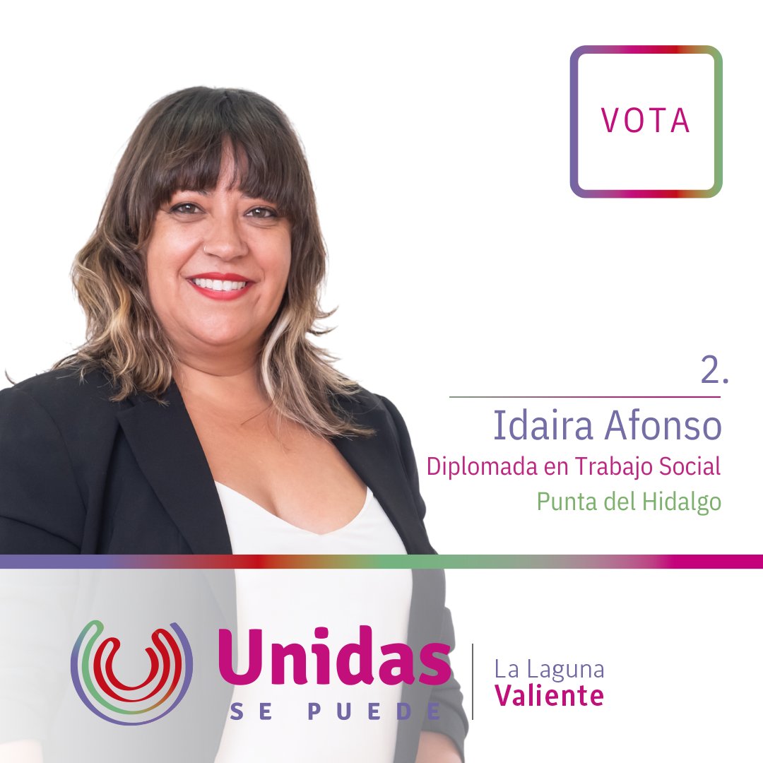Unidas_sepuede's tweet photo. 🌈@idaira_afonso es Diplomada en Trabajo Social y vecina de Punta del Hidalgo.

Con su experiencia y compromiso, lidera el área de @Turismo_LL, @Igualdad_laguna y preside @Deportes_LL.

Está preparada para seguir construyendo #LaLagunaFeminista. 💪⚽ ¡Vota por un #EquipoValiente! https://t.co/Ift9NtrdZA