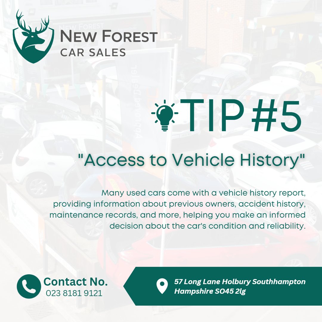 Looking for a used car? Tip No. 5: Access to Vehicle History. At New Forest Car Sales, we provide reliable vehicle history reports for transparency. Make an informed decision with our trustworthy dealership. #UsedCars #TransparentBuying #VehicleHistory #NewForestCarSales