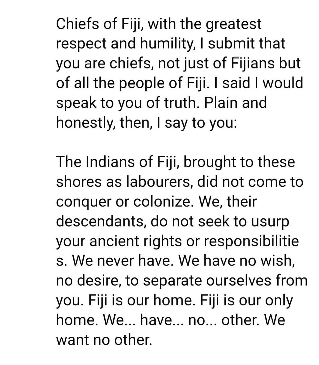 A statesman who was visionary and had spoken of a United FJ way back when he was invited(1st indo Fijian) to speak to the Bose Levu Vakaturaga..none other than the late Justice Jai Ram Reddy.Emotional 😪but extremely happy that he had such great foresight .