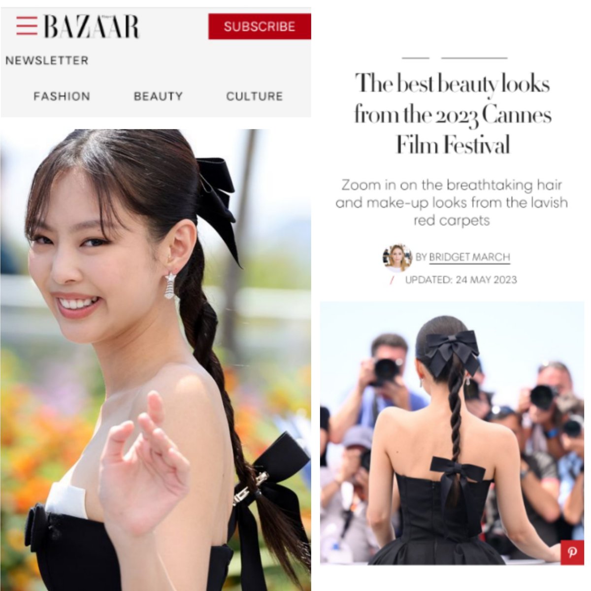 #JENNIE  on the list of #HarpersBazaar US 🇺🇲:  
The  Best  Beauty  Looks  from  the  2023  Cannes  Film  Festival 

'Jennie Ruby Jane's rope braid, accessorised with black bows at the top and tips, looked stunning from all angles.'

harpersbazaar.com/uk/beauty/make…