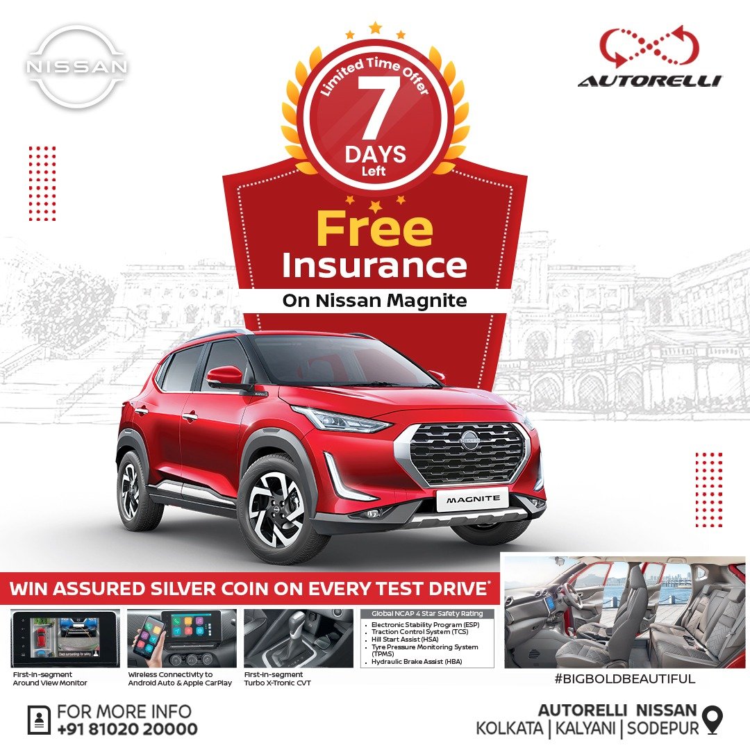 NissanAutorelli's tweet image. Limited time offer! ⏳ Get free insurance with your new 𝐍𝐢𝐬𝐬𝐚𝐧 𝐌𝐚𝐠𝐧𝐢𝐭𝐞 purchase. Don't miss out, only 7 days left to grab this fantastic deal! 🚗💥 #FreeInsurance #LimitedTimeOffer

👉For TD 📞on +91 81020 20000

#Autorelli #Nissan #Kolkata #NissanMagnite #booknow
