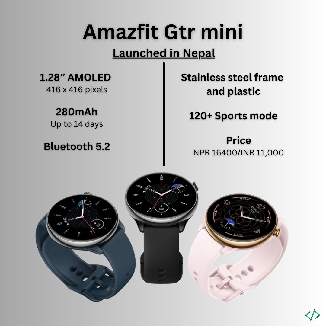 Spotlight_savvy's tweet photo. Amazefit GTR Mini launched in Nepal
Cheaper than India
#TechNews #Nepal #amazefit #Smartwatch https://t.co/VYS1vUh9TG
