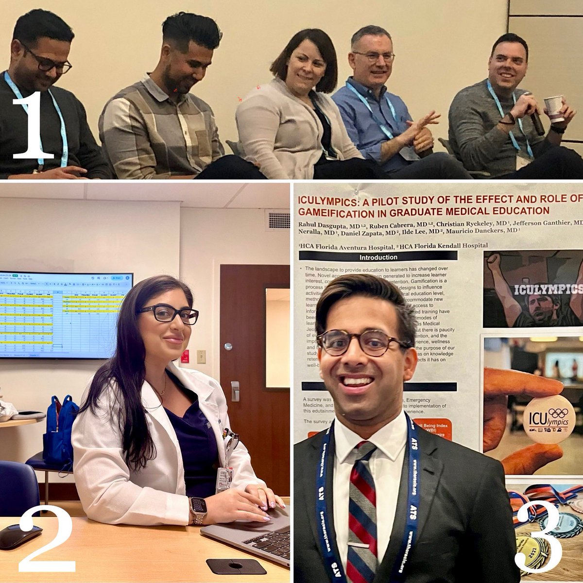 DanckersMD's tweet photo. Fellows in action:
1️⃣Dr Manjot and @rafael_miret at the recent difficult airway course @accpchest
2️⃣ Our #chieffellow @auniemollie in chief duties during our rotation schedule meeting
3️⃣ @patchesochuckles at @atscommunity #ats2023 presenting our ##ICUlympics pilot study https://t.co/iyVQhDrhG1