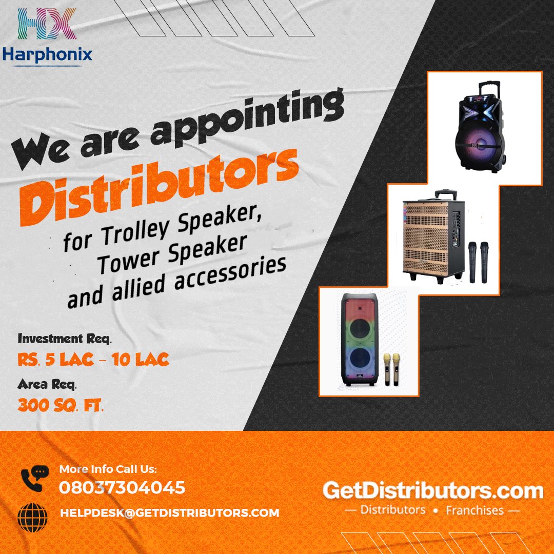 We are appointing #Distributors for HX Harphonix Trolley Speaker, Tower Speaker and allied accessories.
Complete details 👉 bit.ly/45odThc

#TrolleySpeaker #TowerSpeaker #Distributorship #Dealers #Wholesalers #Dealership #AppointDistributors #GetDistributors #Suppliers