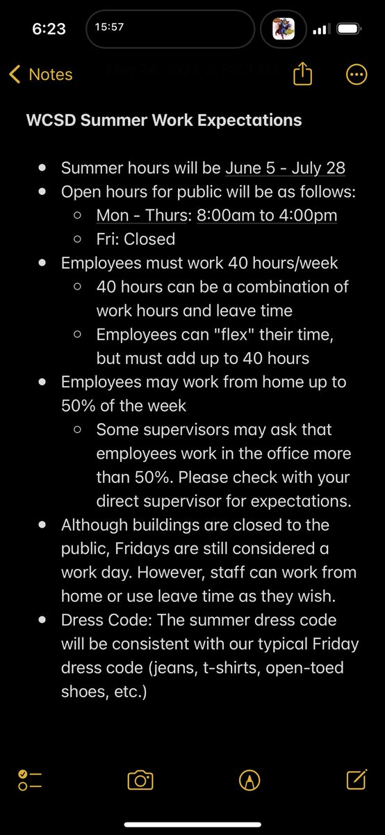 JUST ANNOUNCED🚨🚨

This summer, WCSD administrators and admin support employees will be given flexible work hours with the option of working from home up to 50% of the week.

Why?

Because in today's world, employees must be trusted to work effectively ... regardless of daily