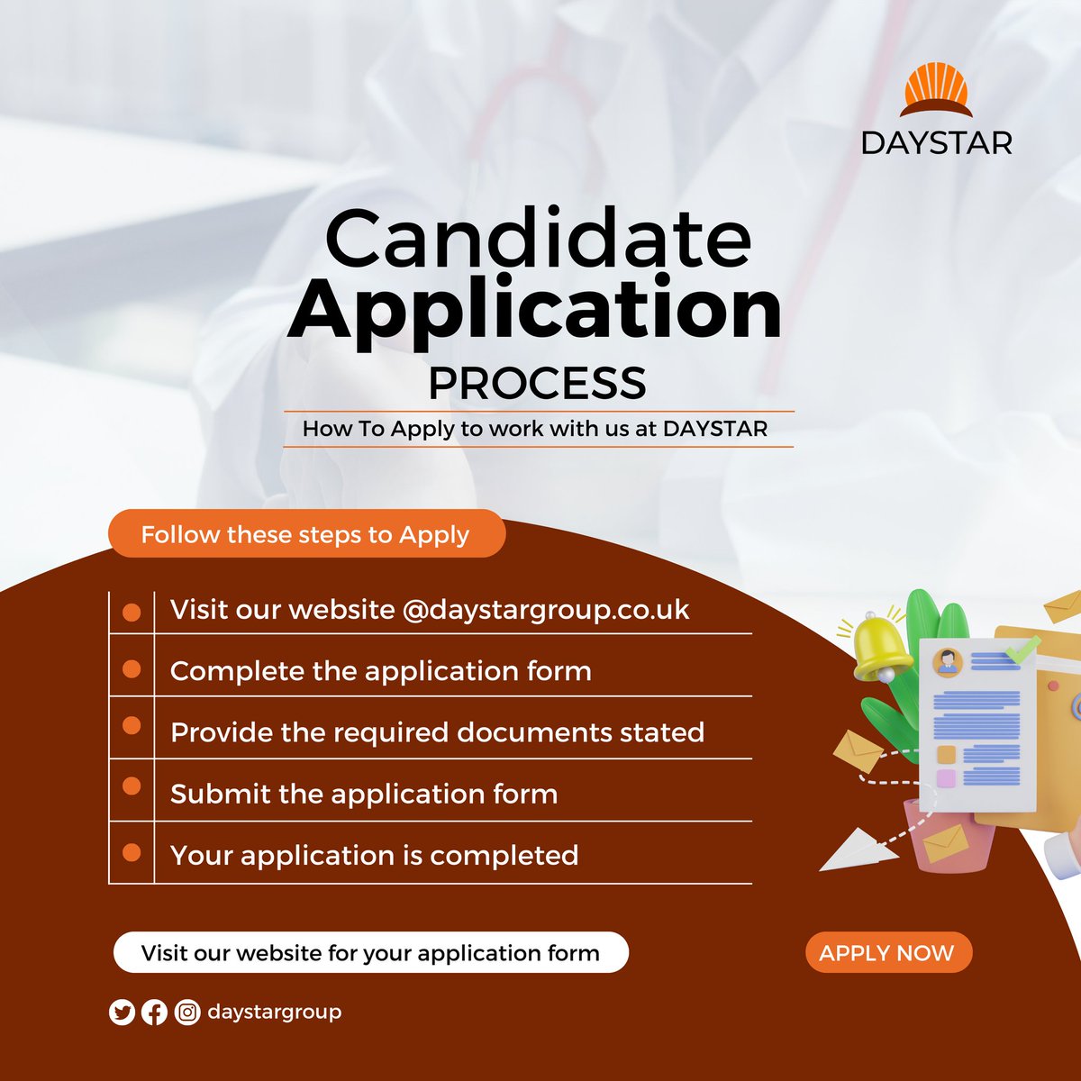 daystar_group's tweet photo. How to apply for any of our job positions at DAYSTAR.

#healthcarerecruitment #uknurse #uknurse #healthworkers #healthcarespecialist #healthcareprofessional #explorepage https://t.co/dJiCNKjDuy