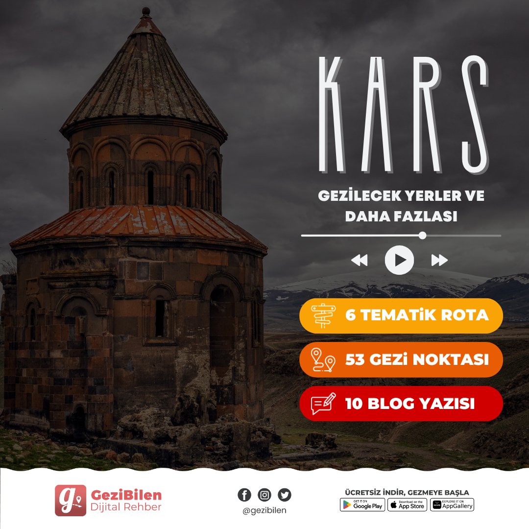 GeziBilen's tweet image. Tarihi, doğası, kültürü ve insanıyla Kars&apos;ı, GeziBilen&apos;in sesli rehberi eşliğinde keşfetmeye başla!

🔗 Şimdi İndir: gezibilen.com/download

#GeziBilen #kars #audioguide #guide #gezilecekyerler #travel #traveller #şehir #city #travelguide #digitalguide #cityguide #tourist