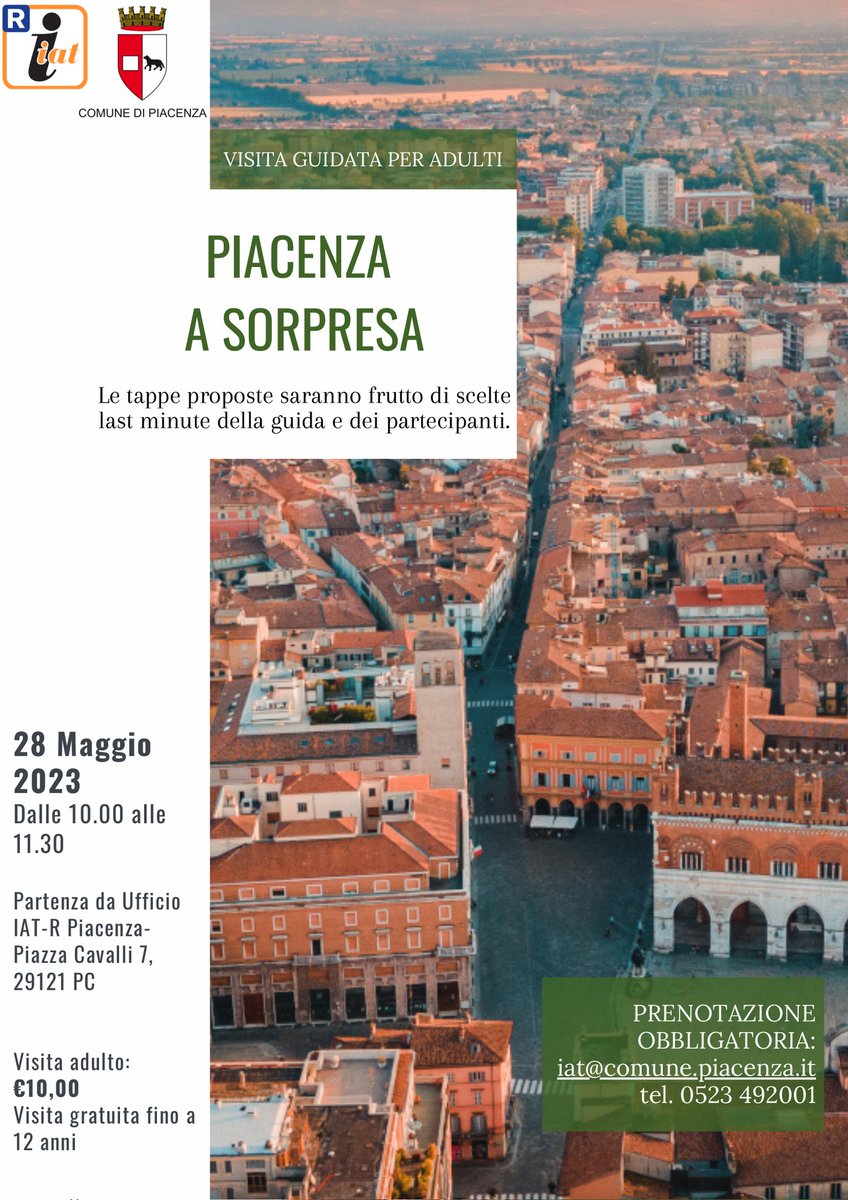 Domenica 28 maggjo 
#visitaguidata (da me) a sorpresa;)
📍partenza ore 10 da Piazza Cavalli a Piacenza
iscrizioni presso IAT R 
052349201 o iat@comune.piacenza.it 

#guidaeli #tailormade
#visitorschoice