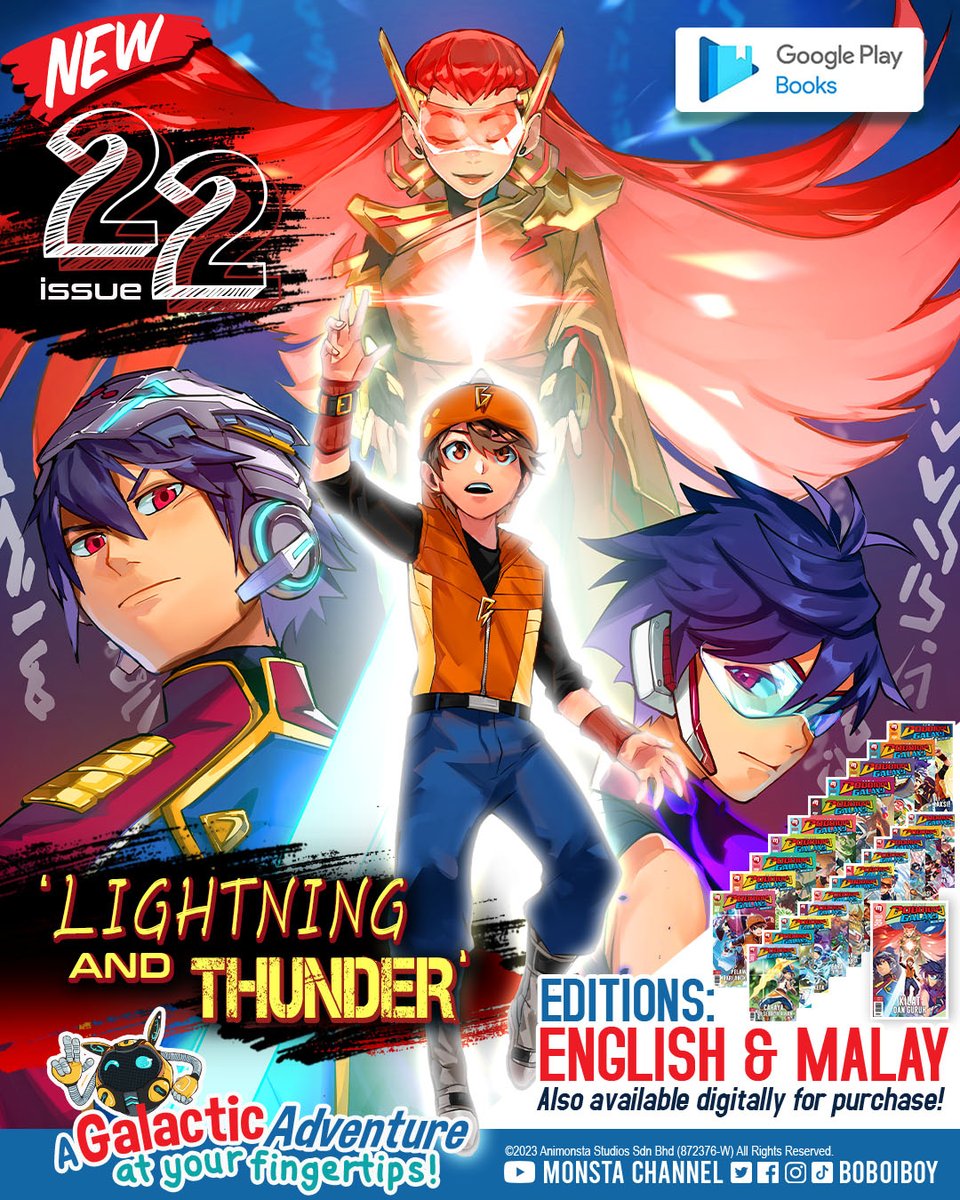⚡ The Gur'latan Arc is here! ⚡

ISSUE 22 OUT NOW! • 'Lightning  and Thunder'
🛒➡️ bit.ly/bbbplaybooks

#BoBoiBoy Galaxy Season 2 digital comics ISSUE 1-22 in both English & Malay languages are now available for purchase via Google Play Books❗️
---
#GooglePlayBooks #Comics…