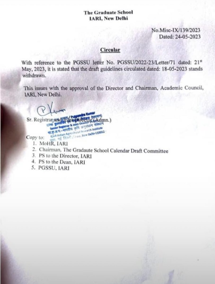iaripgssu2022's tweet photo. We are wholeheartedly thankful to everyone who helped us to get this circular about the withdrawal of Fee hike draft.
Immensely grateful to our IARI youth who did a peaceful protest and lots of tweets which ultimately forced the IARI authorities to withdraw the fee hike draft https://t.co/WDGEJTa9Gn