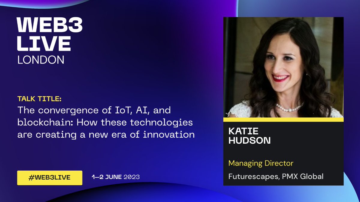 Don't miss Katie Hudson at #Web3Live where she'll tell us all about driving next gen consumer experiences through the convergence of #wallets, #NFTs, #AI, and #IoT. Book now to learn invaluable lessons in creating personalised and immersive experiences techcircus.io/en/events/web3…