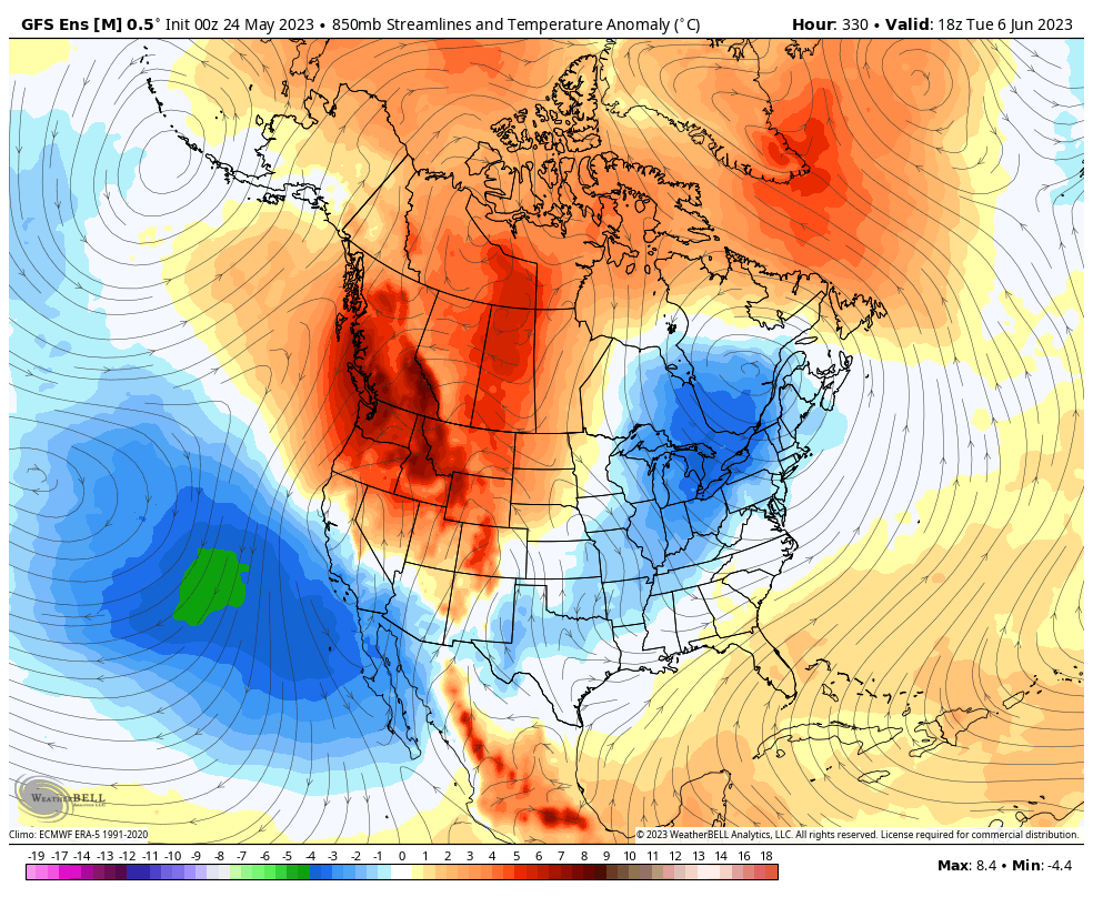 Ensembles are now pointing to another strong ridge developing into June. This will gradually slide #west and bring much above temps. 
#BCHeat #BCStorm #PNW #June #Weather #News #Summer