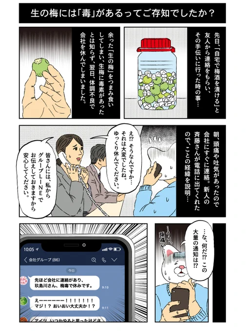 病み上がりで少し時間をいただきましたが、今回会社で起きたトラブルの経緯をマンガにしました。内容が内容だけに、公開するか迷いましたが、決してその病気を揶揄するようなものではございません。予めご了承ください。 #梅の実 #梅酒