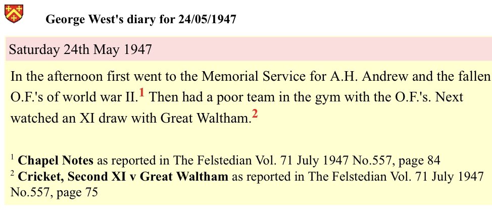 #OTD Frederick Thomas (Derek) Marshall’s (<a href="/WindsorsHouse/">Windsor's House</a>
1943-47) Diaries: 1944-47                                     archives.felsted.essex.sch.uk/of/about/FTMA1…
<a href="/felstedprep/">Felsted Prep School</a> <a href="/Felstedians/">Felstedians</a> <a href="/FelstedSport/">Felsted Sport</a> <a href="/felstedcricket/">Felsted Boys' Cricket</a> <a href="/FelstedCCF/">Felsted CCF</a>