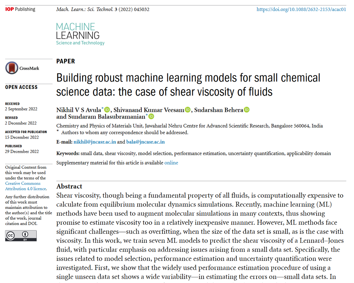 'Building robust #machinelearning models for small chemical science #data: the case of shear #viscosity of #fluids' by <a href="/avs_nikhil/">Nikhil V S Avula</a> <a href="/jncbala/">BalasubramanianS</a> <a href="/sudarshanb259/">Sudarshan</a> et al <a href="/jncasr/">JNCASR Bangalore</a> his 1000 downloads! bit.ly/3G5HccC #compchem #fluiddynamics #moleculardynamics #AI #datascience #HPC