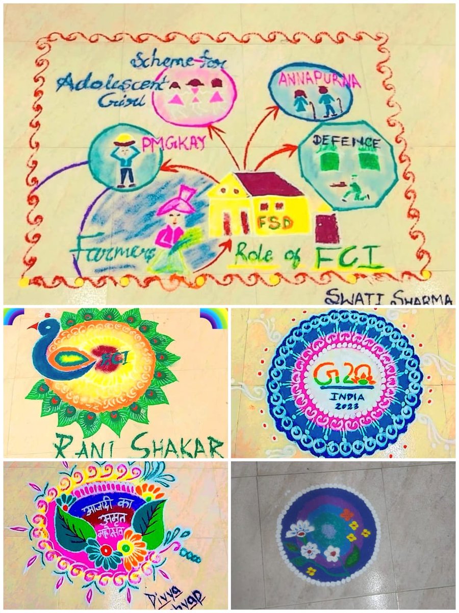 आज़ादी के अमृत महोत्सव के अंतर्गत भारतीय खाद्य निगम क्षेत्रीय कार्यालय भोपाल में रंगोली प्रतियोगिता में प्रतिभागियो द्वारा रचित रंगोलीयो की छवि ।