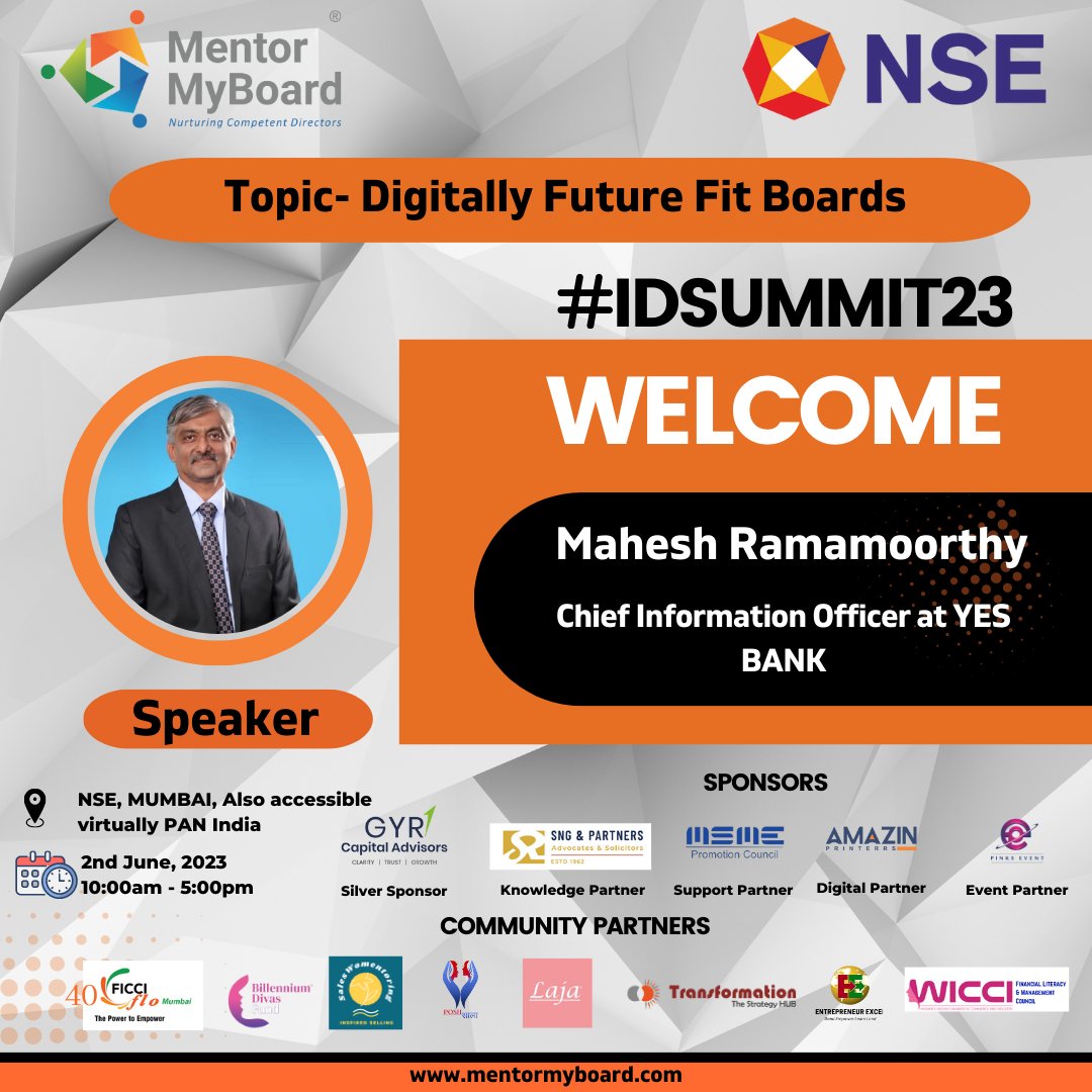 MentorMyBoard's tweet photo. As an esteemed corporate figure, Mahesh Ramamoorthy has played a crucial role in spearheading the growth of IT infrastructure for several financial institutions, including Yes Bank.
#IDSUMMIT23 #mentormyboard #boardroom #boardmembers #nse #boardstartegy #boardinovation https://t.co/gp7m2WSSdQ