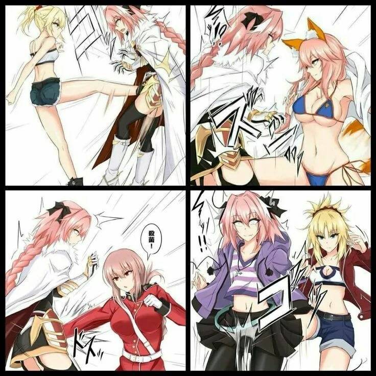 @EthanVanSciver This is how Otakus & Weebs do a 'Kick-Starter' (the pink hair person is a Guy who dresses like Dylan M so you know). They're from 'Fate Grand Order' - Where else can see Mordred (King Arthurs offspring) kick Charlemanes Ass?  #StayBased my friends.