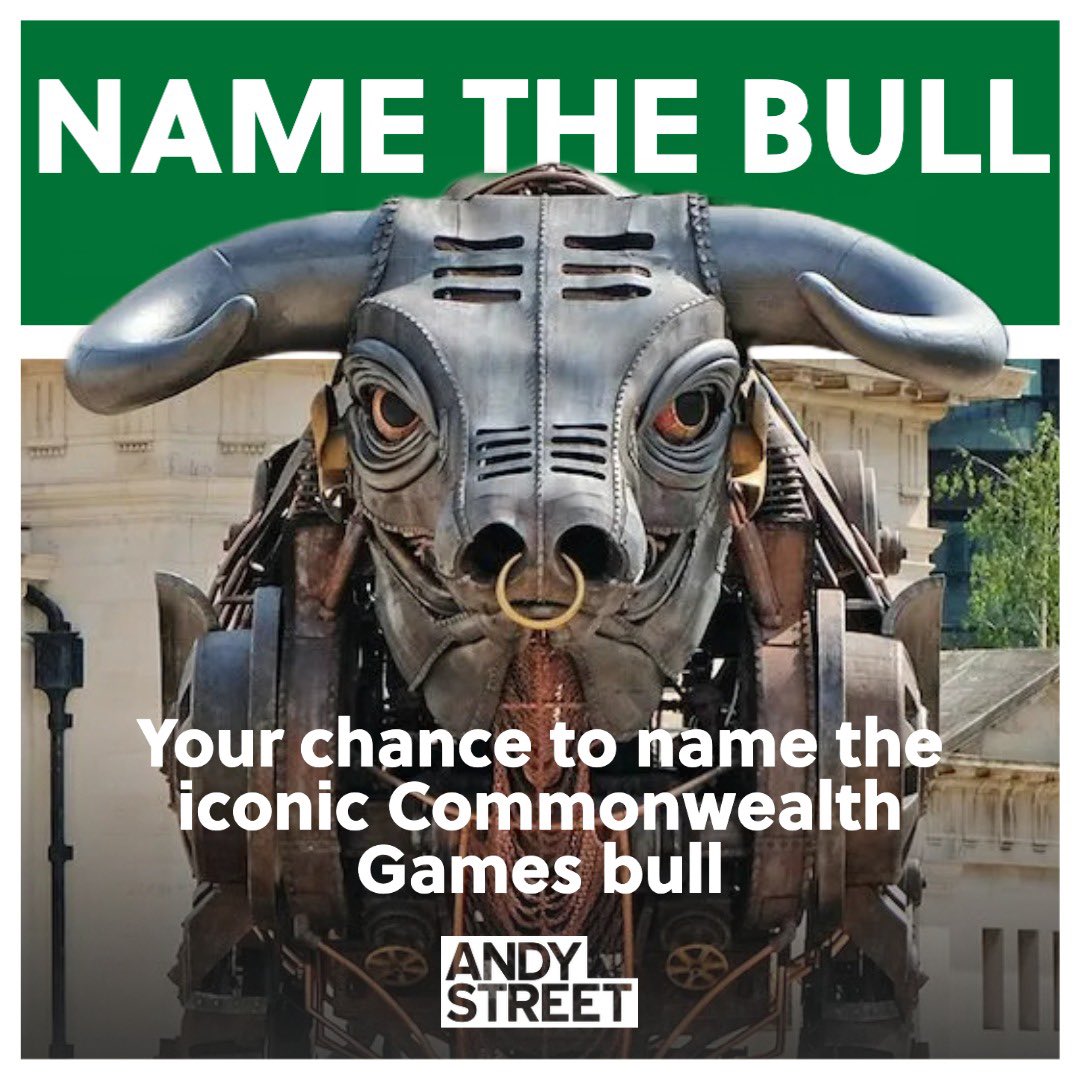 What would YOU name the iconic Bull from the Commonwealth Games❓ Ahead of its return, I’ve teamed up with @NetworkRailBHM to find a name for our metal friend 🐂 You can email your suggestions - namethebull@networkrail.co.uk 📧 Or post them below👇🏻 We need them by June 7 🗓️