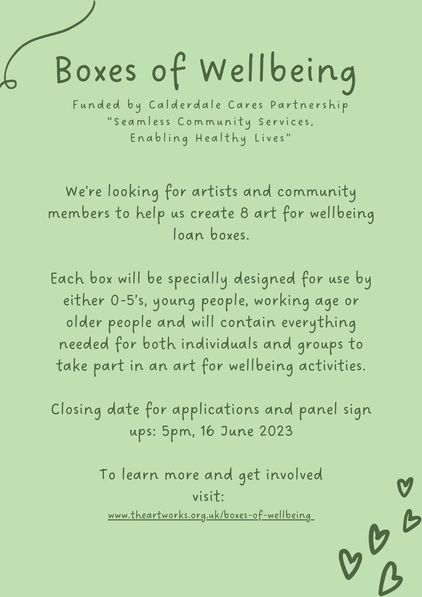Call out for Boxes of Wellbeing: We're looking for artists and community groups who can work together to co-design 8 Art for Wellbeing loan boxes available to communities in Calderdale. 
If you'd love to be involved or support this project check out; theartworks.org.uk/boxes-of-wellb…