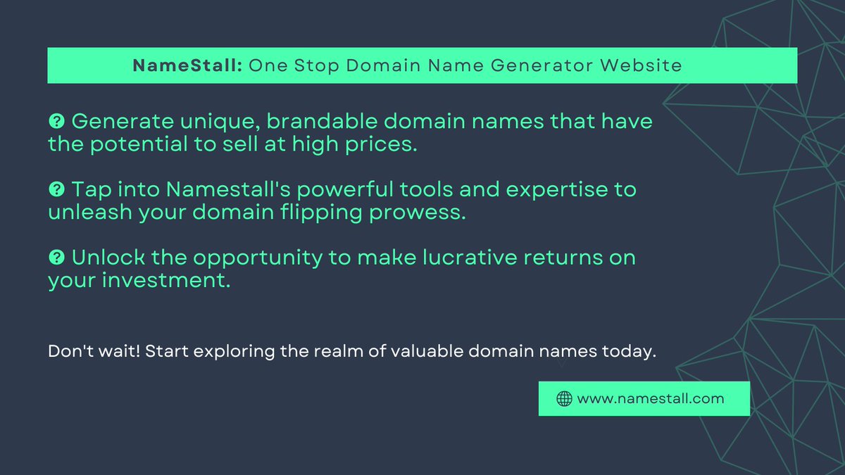 namestallinc's tweet photo. 📢 Ready to turn your creativity into profit? Discover your domain name goldmine with https://t.co/YcIvqdDMsQ! 🚀🌟

Visit https://t.co/YcIvqdDMsQ and seize your chance to sell for top dollar. 💸💎 
#DomainFlipping #ProfitOpportunity #Namestall https://t.co/549ndpXW8y