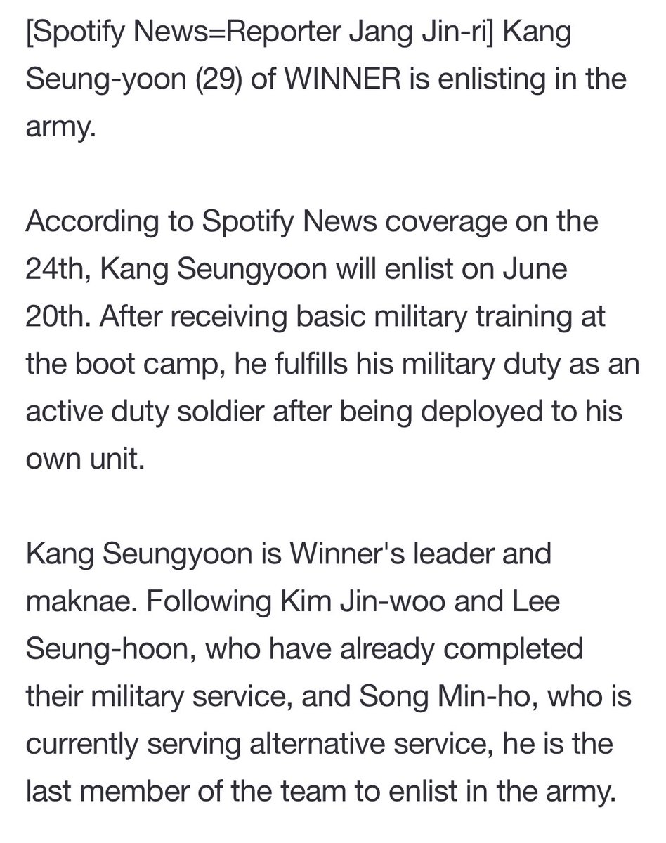 weloveseungyoon's tweet photo. [📰] #KANGSEUNGYOON is enlisting on June 20th as an active duty soldier after receiving basic military training at boot camp.

🔗 https://t.co/pQ60vXnYGd

위너 강승윤 #강승윤 @official_yoon_ @yginnercircle https://t.co/vnU1Yjasgy