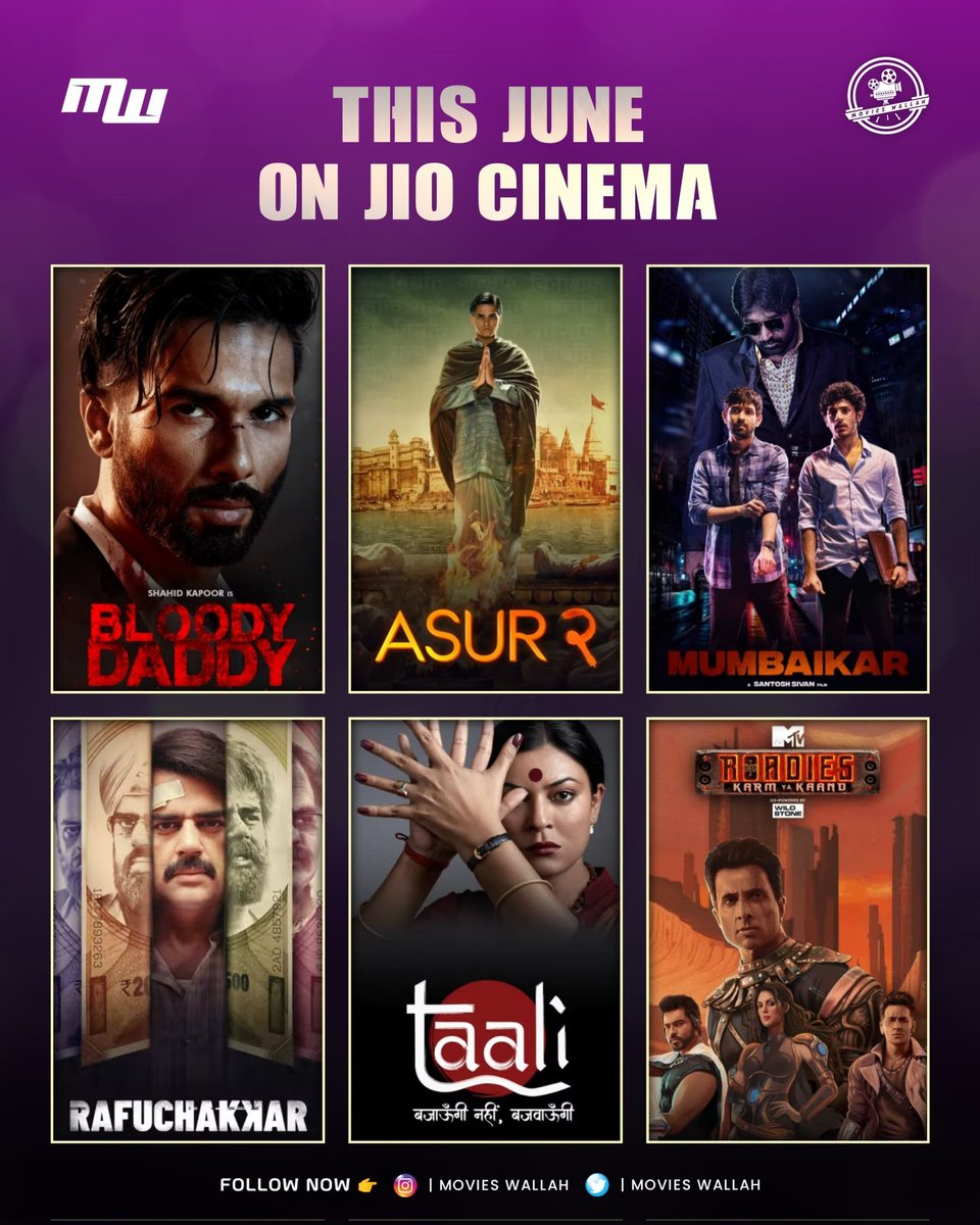 This June On @JioCinema 🫢

#Shahidkapoor 's  #BloodyDaddy 
#ArshadWarsi 's & #BarunSobti 's #AsurSeason2
#VijaySethupathi #VikrantMassey #RanvirShorey 's #Mumbaikar 
#ManieshPaul 's     #Rafuchakkar 
#SushmitaSen 's    #Taali 
#BiggBossOTT S2