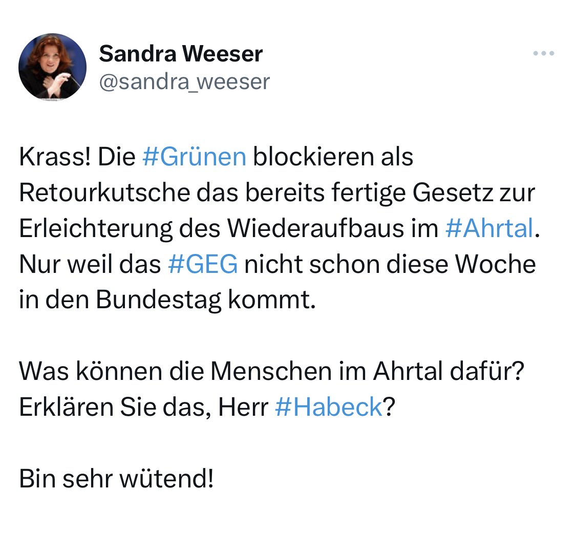 Beschämend. 

Die #DieGruenen blockieren als Retourkutsche das bereits fertige Gesetz zur Erleichterung des Wiederaufbaus im #Ahrtal. Nur weil das #GEG nicht schon diese Woche in den Bundestag kommt. 👇🏻@sandra_weeser