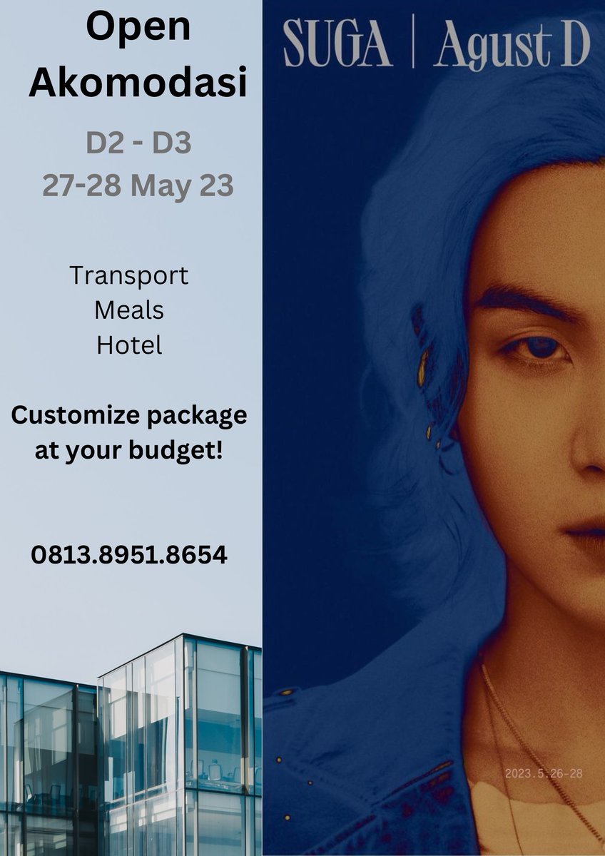 dimssaditia's tweet photo. Yuk, yang belum ada #akomodasisuga untuk tgl 27 &amp; 28 Mei 2023 ini. langsung info aja

harga kami menyesuaikan keinginan kalian aja, diskusiin aja dulu :)

#suga #agustd #icebsd #akomodasi #bsd #opentrip #meals #hotel https://t.co/XxTkNhQzH5
