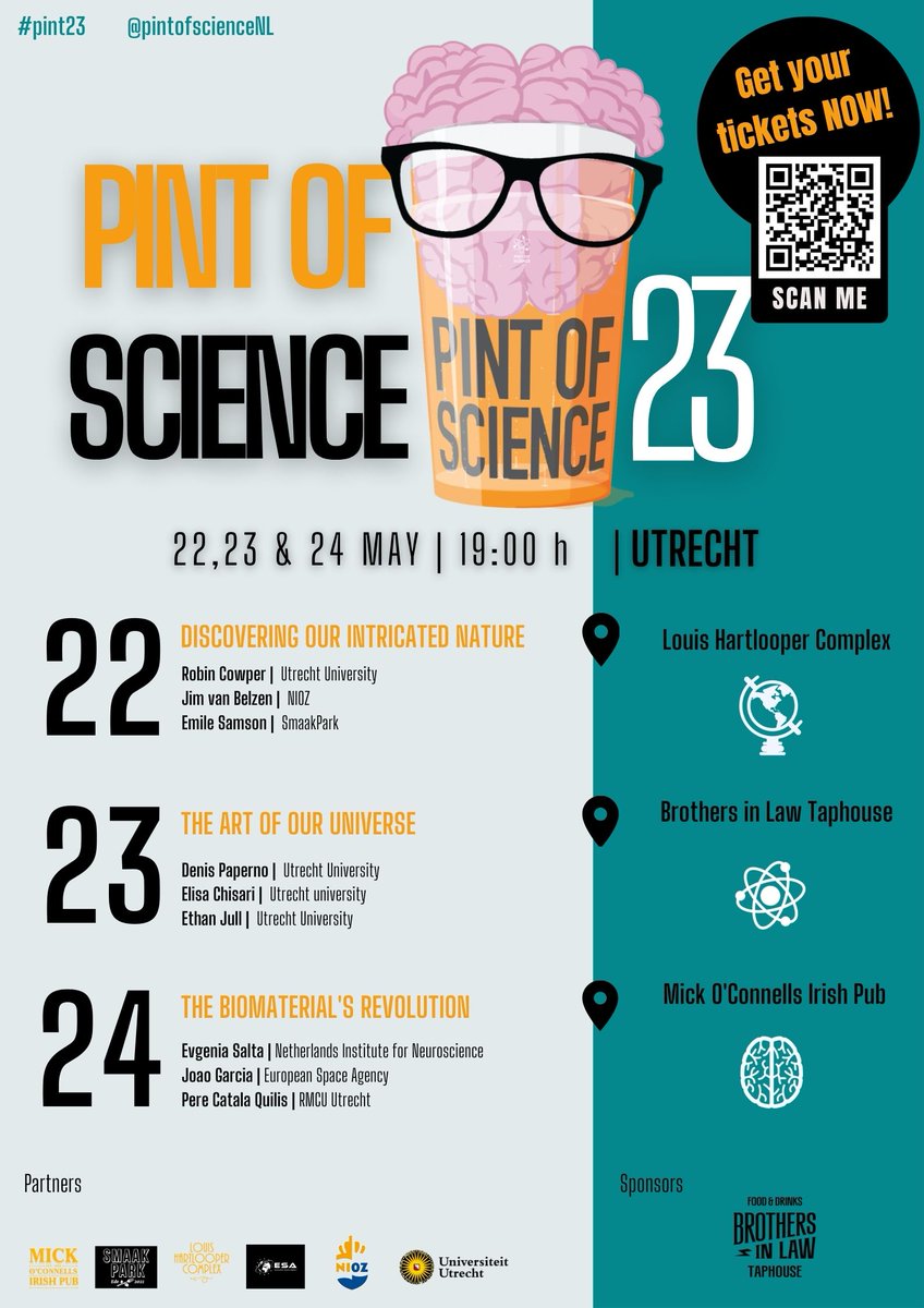 pintofscienceNL's tweet photo. More #pint23 tonight:
* Nijmegen @ CafΓ© Ons Thuis: Sustainability in the era of new tech
* Utrecht @ Mick OβConnels: The biomaterialβs revolution
* Wageningen @ Proost: Science by the Pint
* Wageningen @ Onder de Linden: Insect Brain Surgeons
#pintnl https://t.co/7MxUxYYLxS