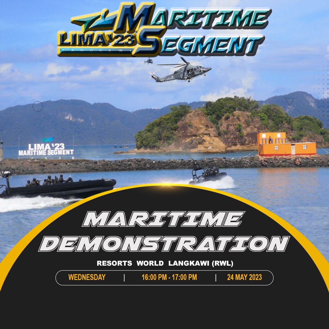 Coming up!
Demonstrasi maritim gabungan pasukan khas agensi penguatkuasa maritim pada jam 4 petang ini.
Hanya di #SegmenMaritim #LIMA2023. 

#LetsGoLIMA23