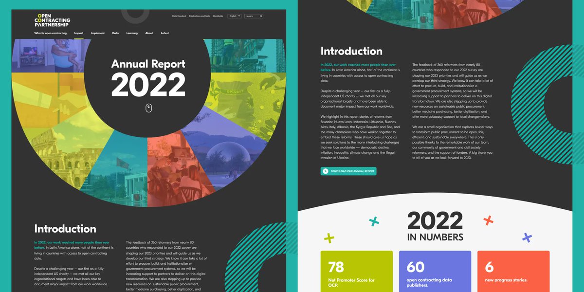 Earlier this week we worked with <a href="/opencontracting/">Open Contracting Partnership</a> on creating an online version of their 2022 Annual Report. It was great to collaborate with <a href="/Sopheenarh/">Simply Sophie</a> and <a href="/georg_neu/">Georg Neumann</a> on this 🎉

buff.ly/3q3C5ph