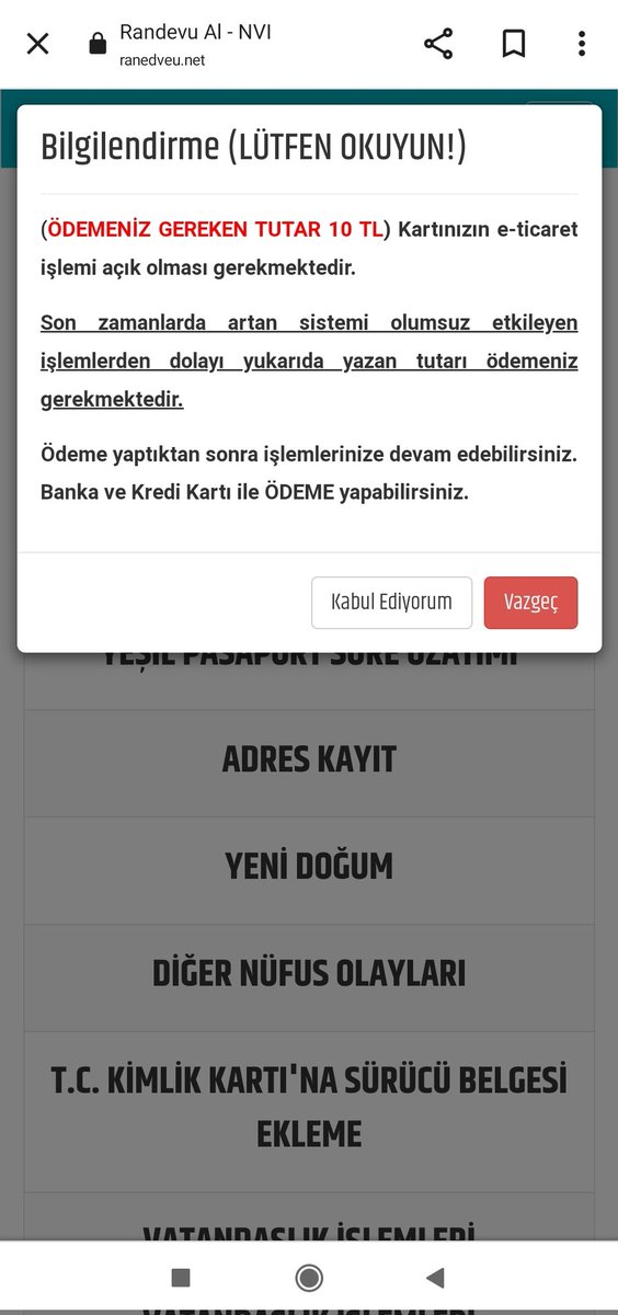 Mersin'de Nüfus müdürlüğüne randevu almak için öncesinden 10 TL gibi bir tutar istenmektedir. 
Bu nasıl bir mantık her giden bunu yapabilecek mi ? 
Bu da yeni bir sistem mi ? 

<a href="/TCNufus/">Nüfus ve Vatandaşlık İşleri Genel Müdürlüğü</a>