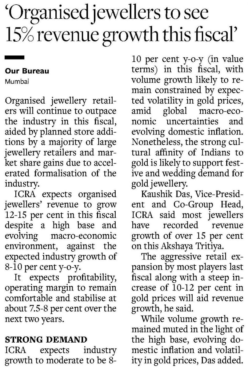 According to ICRA, organised jewellers’ revenue is expected to grow 12-15% in this fiscal, outperforming the anticipated industry expansion of 8-10% year after year.

Read more: thehindubusinessline.com/markets/gold/o…

@businessline 

#ICRAInNews #ICRAViews #FY2024 #OrganisedJewelleryRetailers