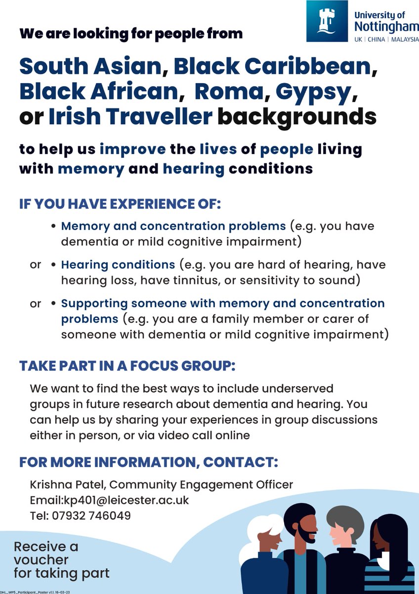 Dr Suman Prinjha (@sumanprinjha) on Twitter photo New study ๐ข
Do you or a family member have problems with memory, concentration, or hearing?
Are you from a minority ethnic group?
Would you like to take part in a study on the best ways to include people with memory & hearing conditions in research? ๐๐ฝ
<a href="/BurgonClare/">Clare Burgon</a> <a href="/eithne_h/">Eithne Heffernan</a> New study ๐ข
Do you or a family member have problems with memory, concentration, or hearing?
Are you from a minority ethnic group?
Would you like to take part in a study on the best ways to include people with memory & hearing conditions in research? ๐๐ฝ
<a href="/BurgonClare/">Clare Burgon</a> <a href="/eithne_h/">Eithne Heffernan</a>