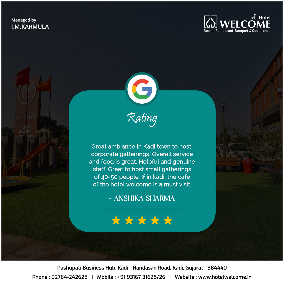 Google Business Review

#Hotel #Welcome #Rooms #Restaurant #Banquet #Kadi #lunch #terracegardenrestaurant #googlereview #googlebusiness #testimonial #reviews