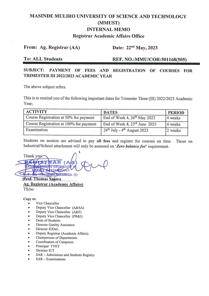 MMUST_Kenya's tweet image. PAYMENT OF FEES AND REGISTRATION OF COURSES FOR TRIMESTER III 2022/2023 ACADEMIC YEAR
#IchooseMMUST
#UniversityofChoice
#trimester