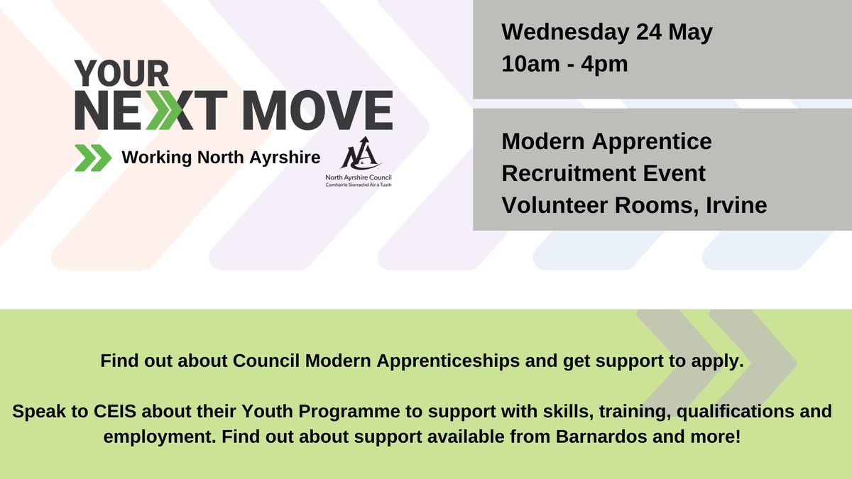 As part of Employability Week today is Modern Apprenticeship day. There is a recruitment event on at the Volunteer Rooms in Irvine 10am to 4pm. Pop in to hear about apprenticeships and get support from our Youth Team to apply
#YourNextMove #EmployabilityWeek #WorkingNorthAyrshire