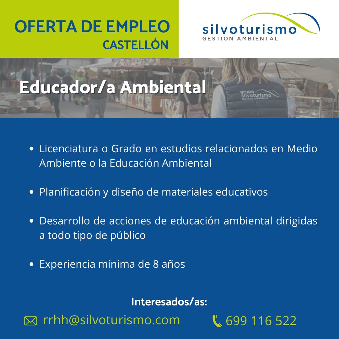 🟢 Silvoturismo Mediterráneo busca a un/a educador/a ambiental en la zona de Castellón con experiencia mínima de 8 años.

🔗 bit.ly/silvo-castellon

#trabajo #empleo #marketing #EducadorAmbiental #EmpleoCastellón #EducadorAmbientalCastellón #TrabajoCastellón #creatividad #hiring