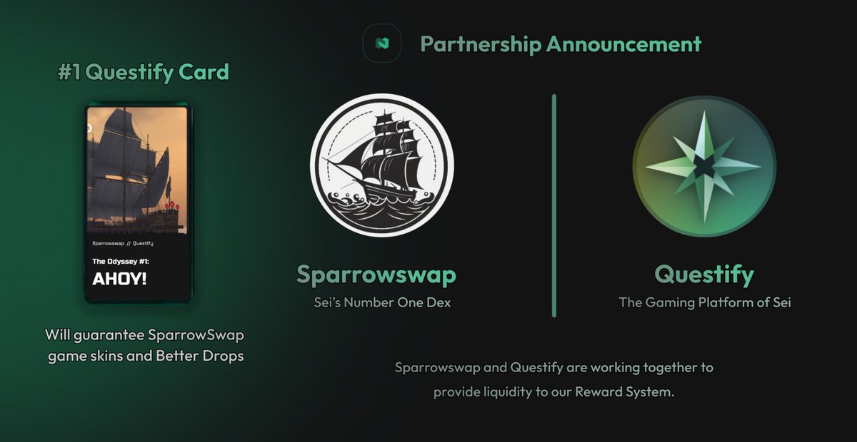 Ahoy Seilors 🧭

We are excited to announce a Piratical partnership with <a href="/sparrowswapxyz/">Sparrowswap</a>  🏴‍☠️, the leader DEX on <a href="/SeiNetwork/">Sei</a> that is absolutely carrying the space right now.

🎁 Claim your own NFT Card for Better Drops and platform rewards: 👇
zealy.io/c/questify/que…