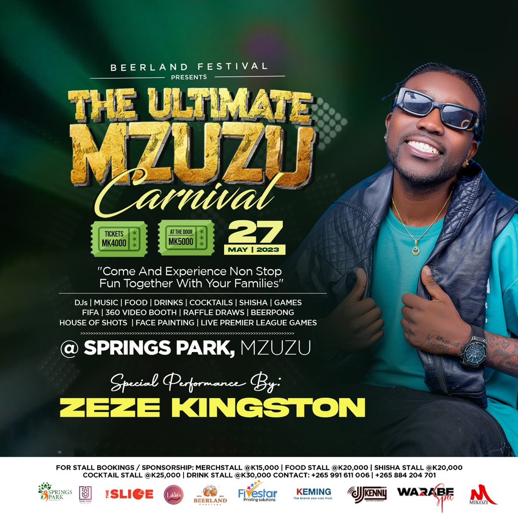 Team Zeze North Branch🔥🔥

Saturday let’s rock Beerland Festival at Spring’s Park, Mzuzu📍

Will be performing along my lil bro @PopYoungmw so please pull up on us in numbers🙏🏾

#zezekingston
#gigguide