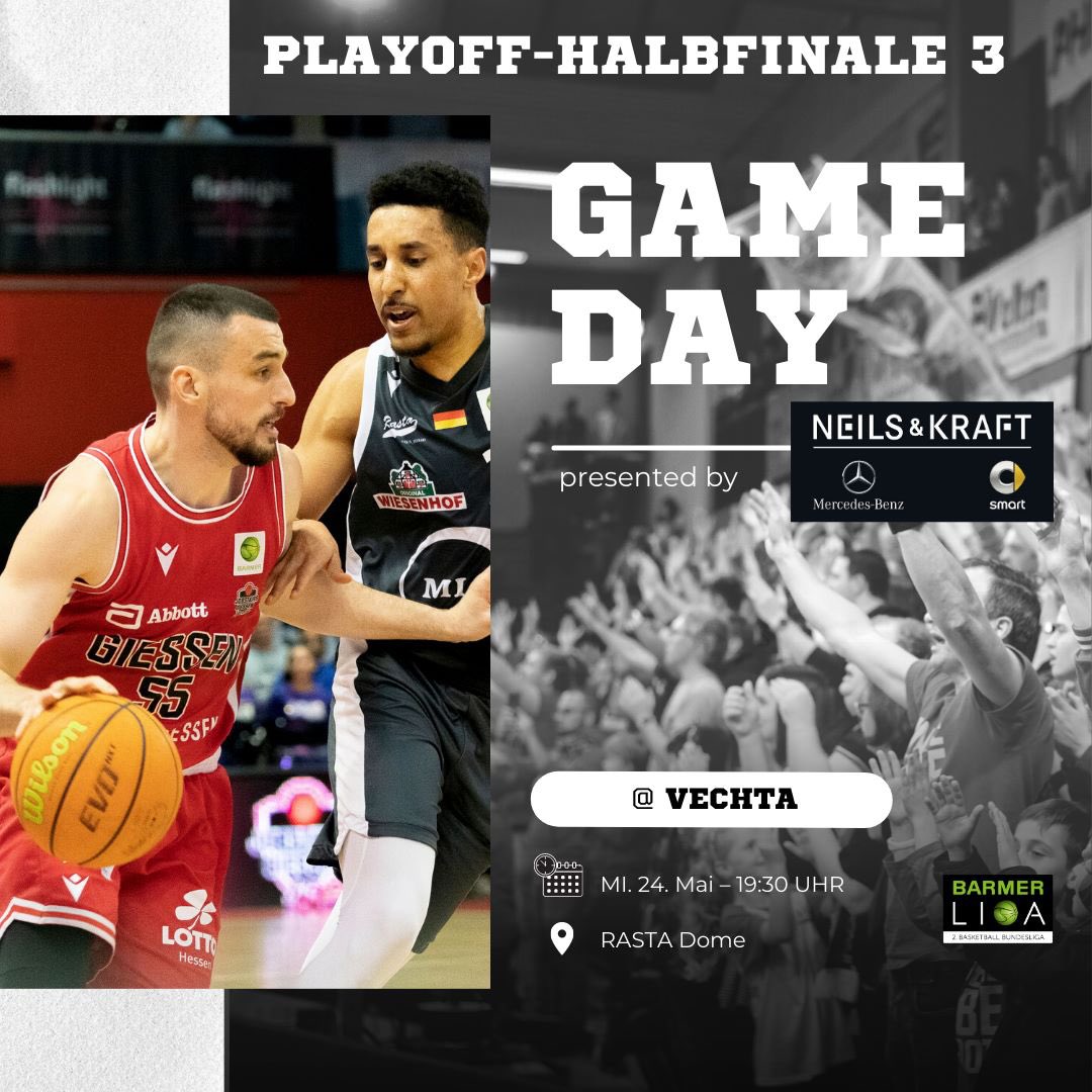GIESSEN46ers's tweet photo. #GAMEDAY 🔥
Spiel 3️⃣ steht im Playoff-Halbfinale an! Für unsere Jungs geht es erneut zu @rastavechta! 💥🏀
Die Gameday-Grafik wird euch präsentiert von Neils & Kraft 🤝🏼
__
📸: Daniel Guist
#JobStairs #GIESSEN #46ers #BARMERliga #neilsundkraft #UNSERELIEBEISTROT https://t.co/KZfZiF3UFY