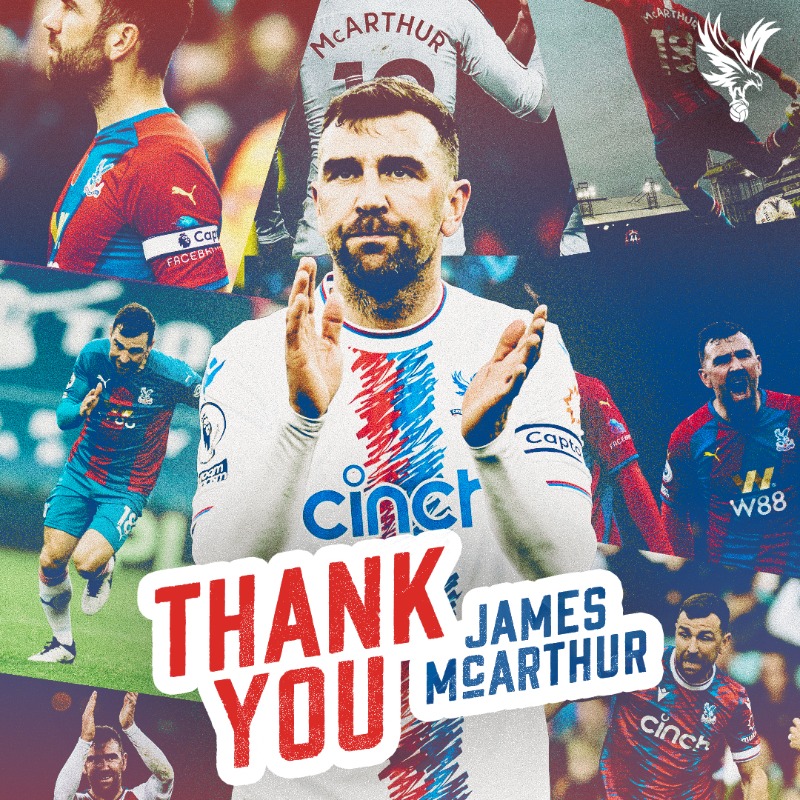 CPFC's tweet photo. 252 appearances.
19 goals.

James McArthur, a true Palace legend.

Thank you for everything, Macca ❤️💙

#CPFC