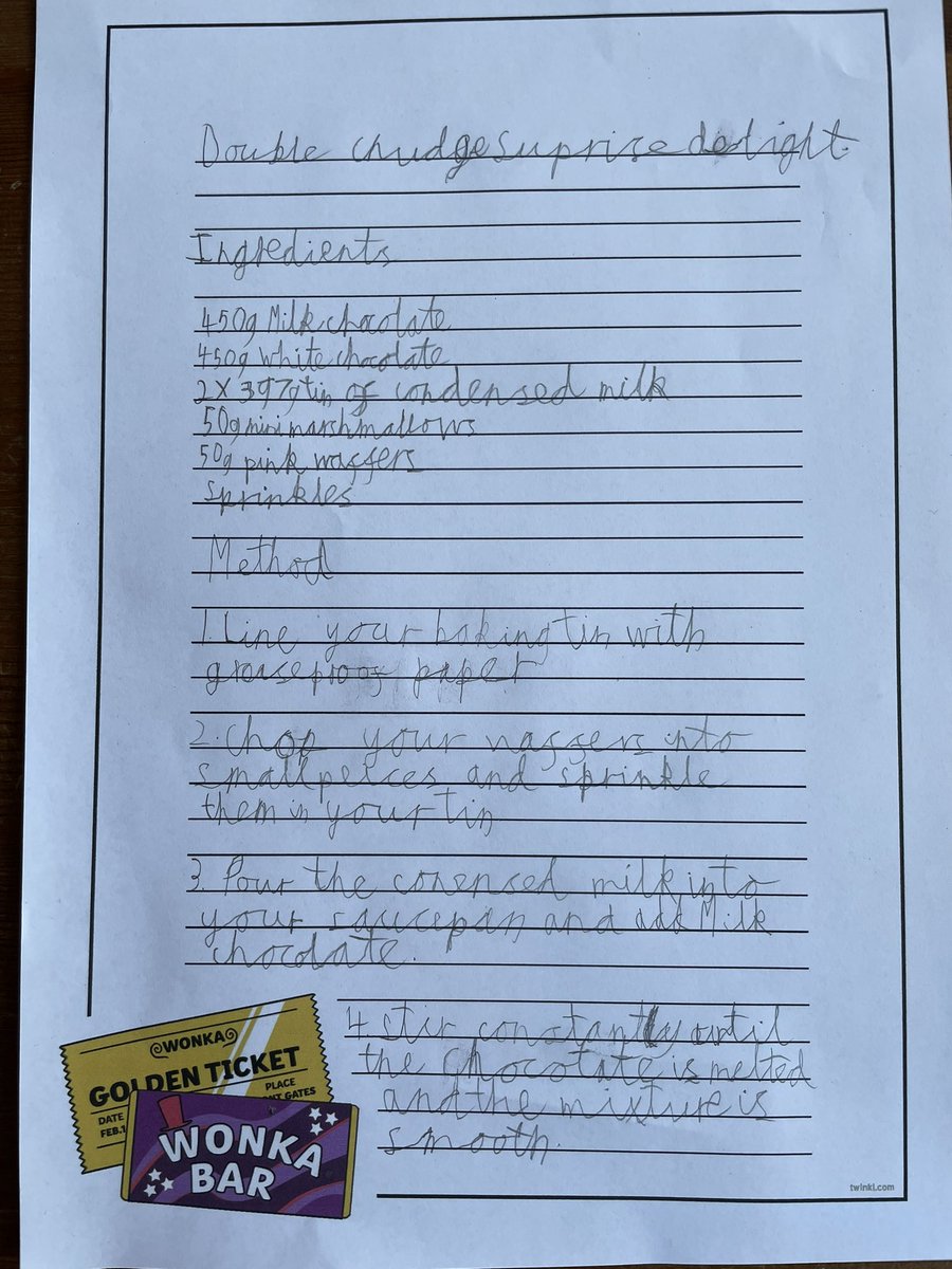 katlwheatley's tweet photo. @ourladyoflourd1 T really enjoyed his #OLOLWriting #OLOLHomeworkChallenge. He has created his own Wonka style chocolate bar 🍫 - The Double Chudge Surprise Delight! T wrote a shopping list, completed all the steps in the method, write his instructions and did a taste test too! https://t.co/BkhcCICB3f