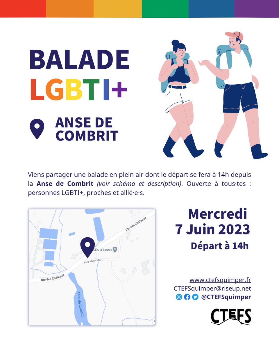 CTEFSquimper's tweet photo. Viens partager une balade en plein air le mercredi 7 juin, depuis la Anse de Combrit (coordonnées ci-dessous) et dont le départ se fera à 14h.

Balade bienveillante entre personnes LGBTQIA+, leurs proches et allié-e-s. 🔽

#lgbtqia #transgenre #combrit #transisbeautiful #lgbti https://t.co/MVn6AMlN7y