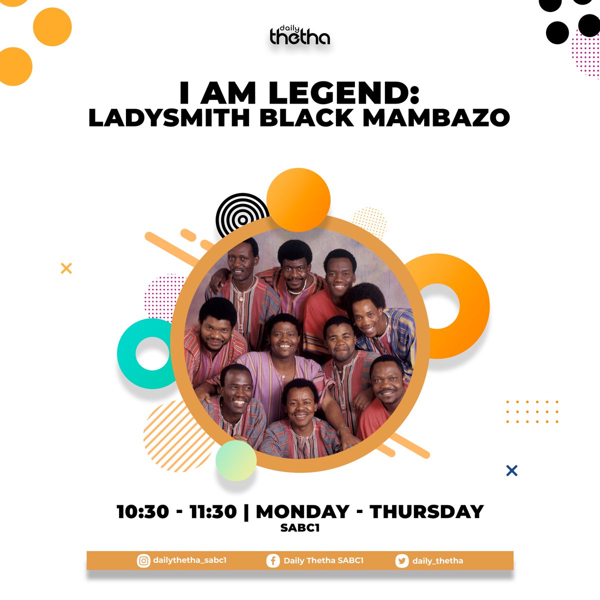 Ladysmith Black Mambazo are a South African isicathamiya male group who have won multiple awards, including five Grammy Awards.

In this special instalment of “I am Legend” we give Ladysmith Black Mambazo their flowers.

We're live at 10:30 on @Official_SABC1. #DailyThetha