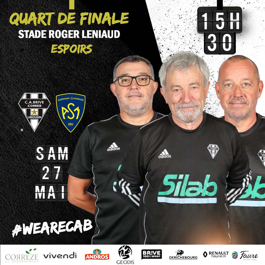 C'est tout un club et une ville qui sont derrière nos blanc et noir ce week-end ! Soyez nombreux à venir encourager notre formation !

CA Brive vs ASM
📆 Samedi 27 mai
🕖 15h30
📍Stade Roger Leniaud, USSEL

#WEARECAB #QUARTDEFINALE #ESPOIRS