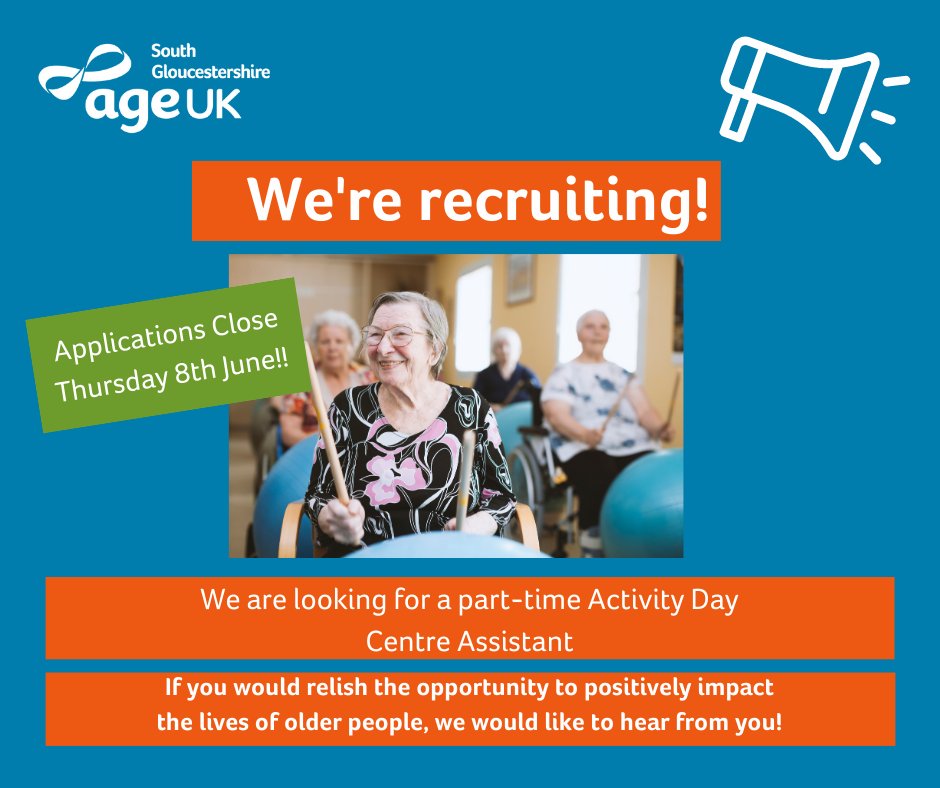 age_uk_sg's tweet photo. 📷Are you looking for a new role? If you have excellent communication skills and the ability to work positively and creatively with older people, then working at our Activity Day Centres could be perfect for you! https://t.co/Y6SQT0IKD5
