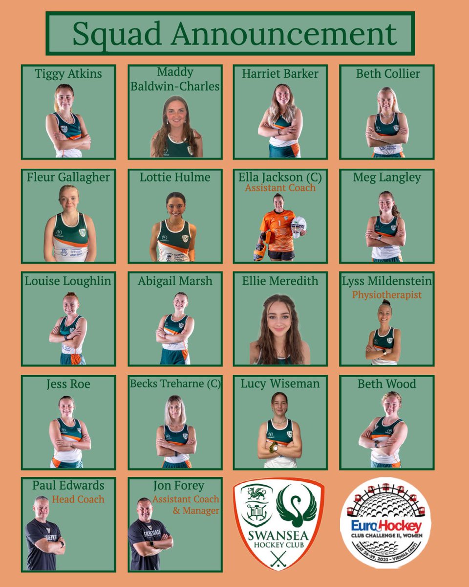 🏑 Exciting news! Swansea Hockey Club is thrilled to announce our team selection for the upcoming European Club Challenge II in Vienna, Austria, this weekend! 🇦🇹  We are proud to have a talented squad representing us, with 11 players making their Euros debut for Swansea. 🙌🧡