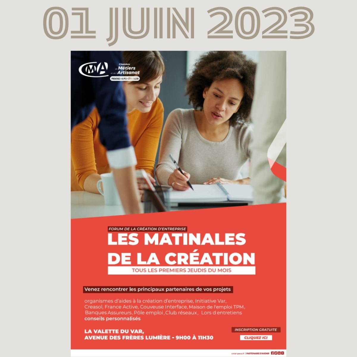 Maison de l'Emploi (@mde_pm) on Twitter photo Matinale de la #Création qui se déroulera le Jeudi 1 Juin à #laValetteduVar de 9h à 11h30 à la <a href="/CMA_PACA/">CMA Provence-Alpes-Côte d'Azur</a>
Pensez à relayer cette invitation à tous les porteurs de projet, les #créateurs d' #entreprises et les #dirigeants
Inscription via le lien suivant :
lc.cx/QvNMwx Matinale de la #Création qui se déroulera le Jeudi 1 Juin à #laValetteduVar de 9h à 11h30 à la <a href="/CMA_PACA/">CMA Provence-Alpes-Côte d'Azur</a>
Pensez à relayer cette invitation à tous les porteurs de projet, les #créateurs d' #entreprises et les #dirigeants
Inscription via le lien suivant :
lc.cx/QvNMwx